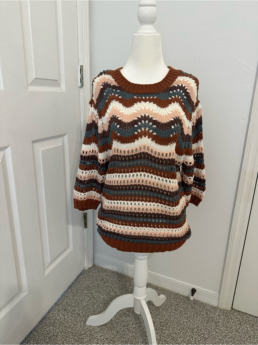 Evereve Open-Knit Striped Crewneck Sweater in Brown, Cream & Bluish Gray
